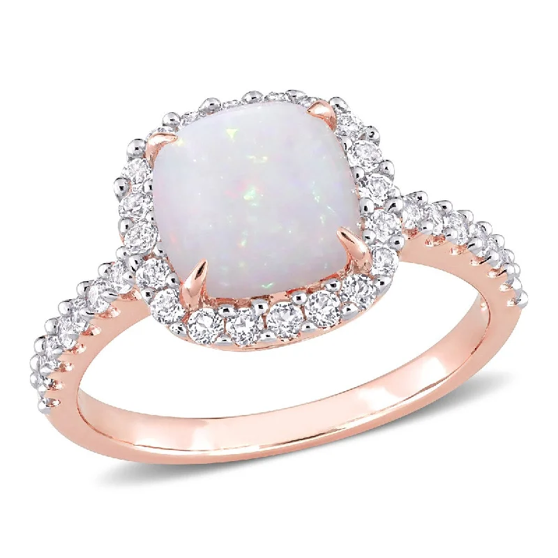 Women’s twisted band ring-Miadora 2 3/8ct TGW Cushion-Cut Opal White Topaz Halo Ring in 10k Rose Gold