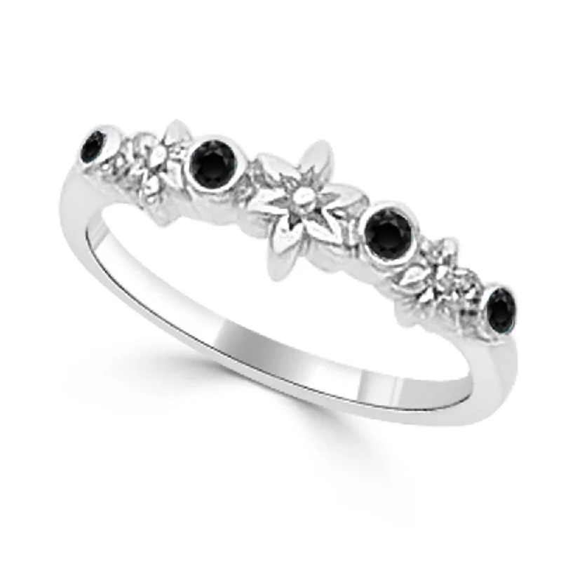 Women’s floral design ring-Auriya Stackable Flower Carved Accent Black Diamond Ring 1/10ct TDW 10K Gold