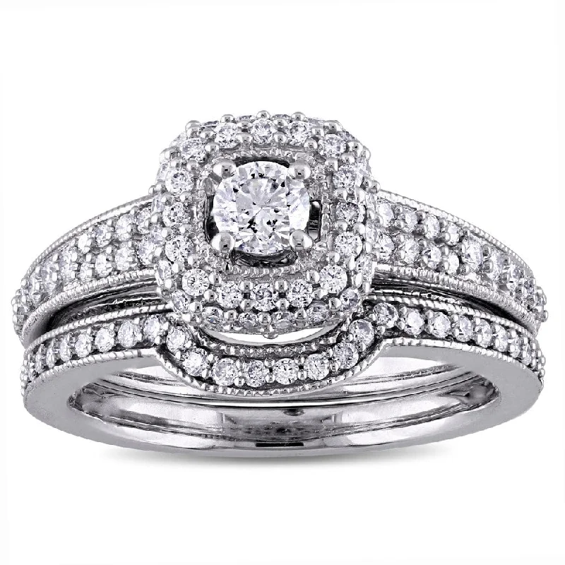 Women’s ruby ring-4/5ct TDW Diamond Vintage Halo Bridal Ring Set in 14k White Gold by The Miadora Signature Collection