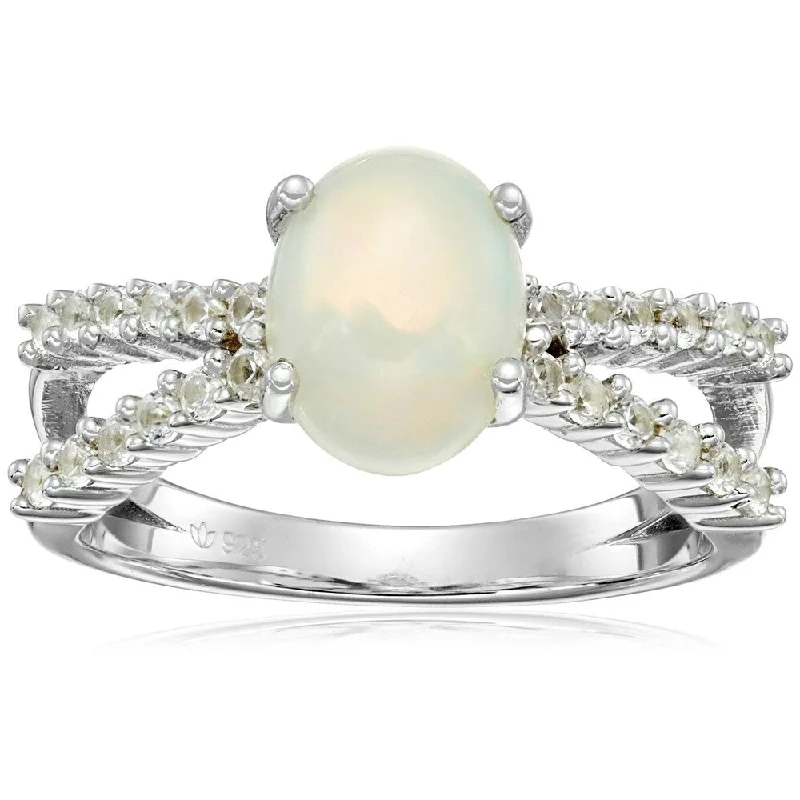 Women’s sapphire engagement ring-Sterling Silver, Ethiopian Opal, and Created White Sapphire Ring, Size 7