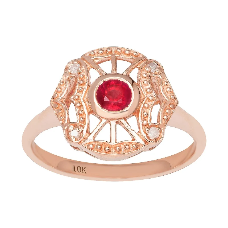 Women’s intricate ring-Viducci 10k Rose Gold Vintage Style Genuine Round Ruby and Diamond Accent Ring