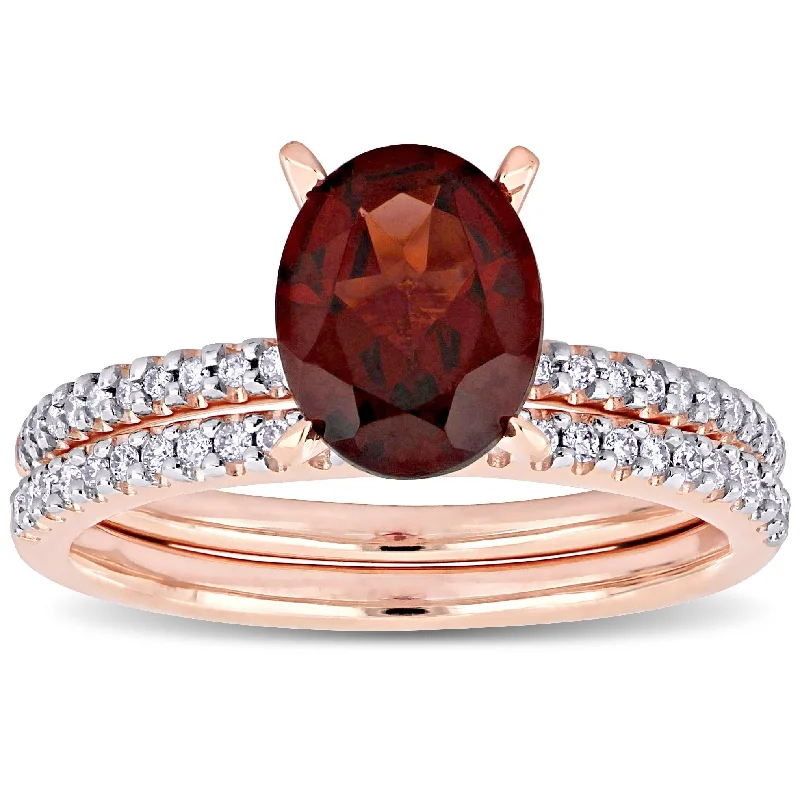 Women’s wedding band-Miadora 14k Rose Gold Oval-cut Garnet and 1/4ct TDW Diamond Solitaire Bridal Ring Set