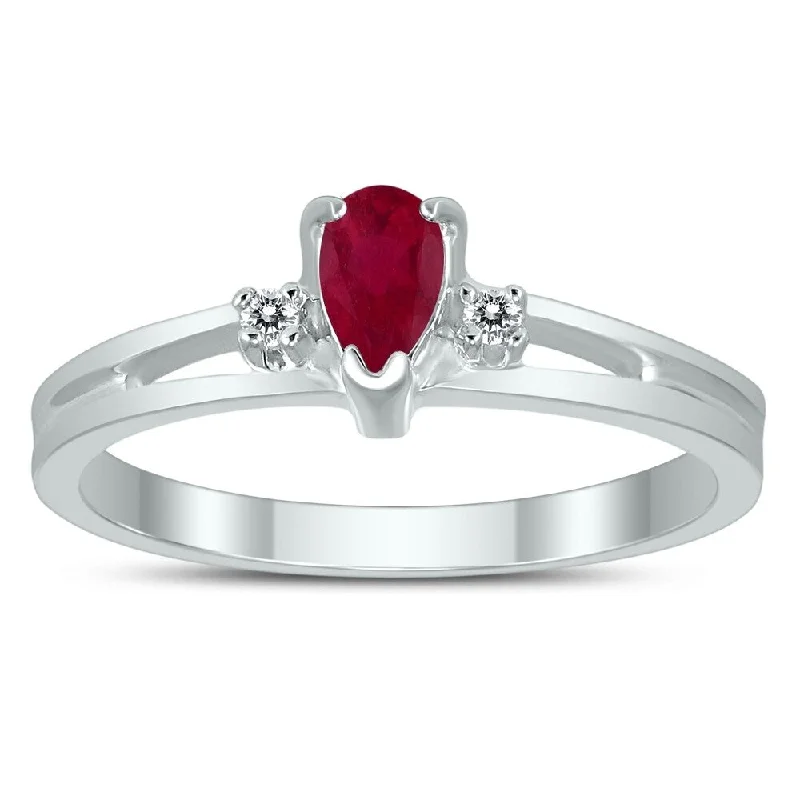 Women’s two-tone ring-5X3MM Ruby and Diamond Pear Shaped Open Three Stone Ring in 10K White Gold