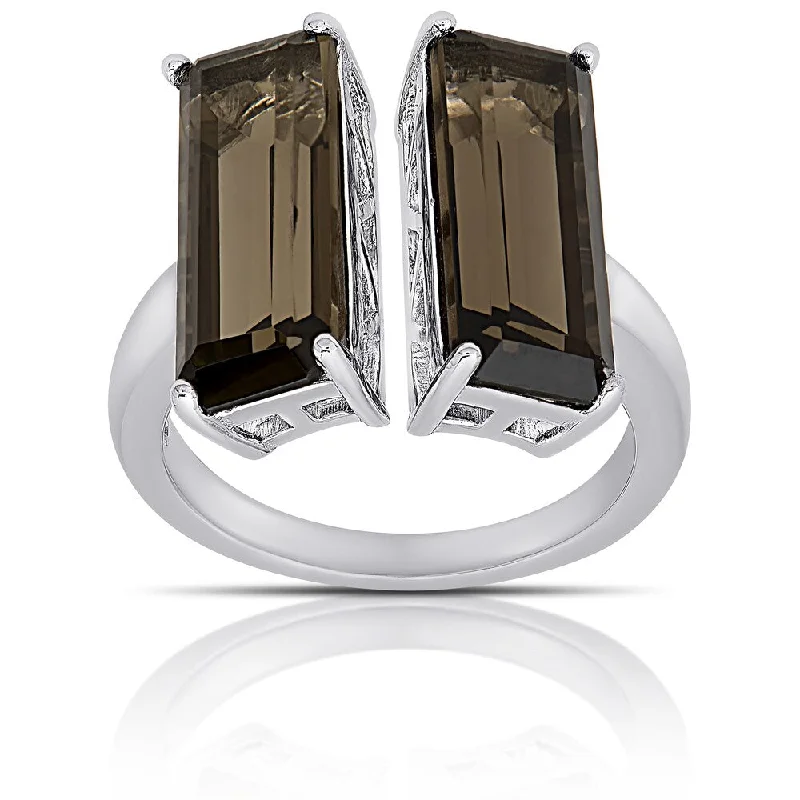 Women’s wedding set ring-Dolce Giavonna Sterling Silver Smokey Quartz Double T Bar Ring