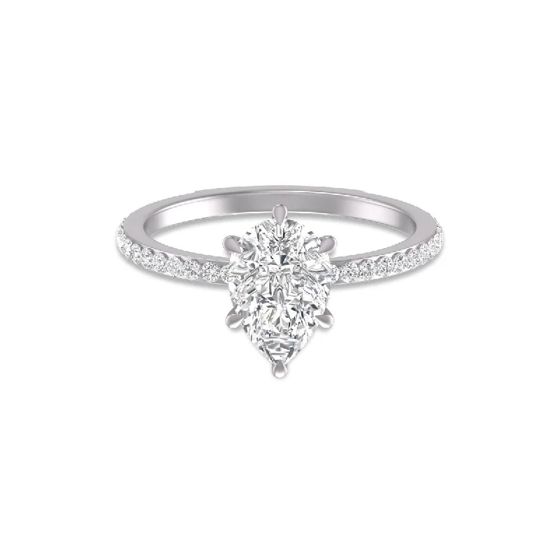 Women’s gemstone wedding ring-Marquee 14K White Gold Hidden Halo Cleo Ring with IGI Certified 2 Carat Center Pear Shape Lab-Grown Diamond