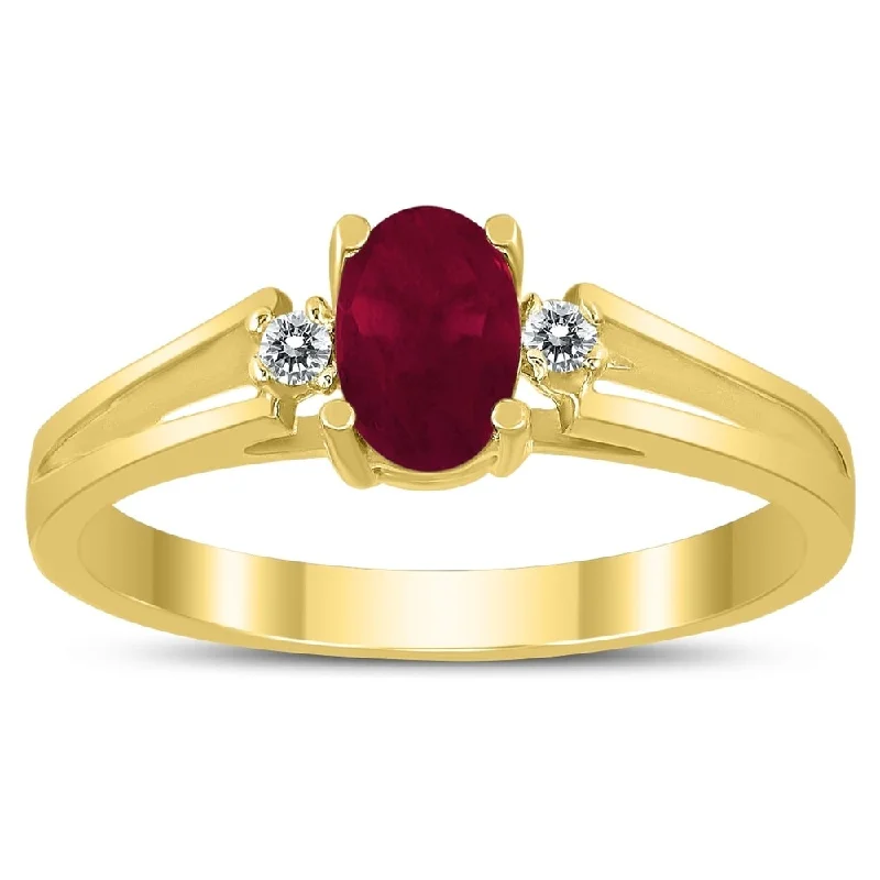 Women’s antique style ring-6X4MM Ruby and Diamond Open Three Stone Ring in 10K Yellow Gold