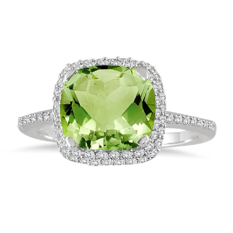 Women’s wedding set ring-Cushion Cut Peridot and Diamond Halo Ring in 10K White Gold