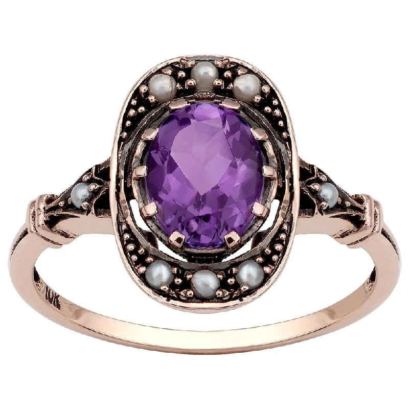 Women’s ring set-Viducci 10k Rose Gold Vintage Style Genuine Amethyst and Pearl Ring - Purple