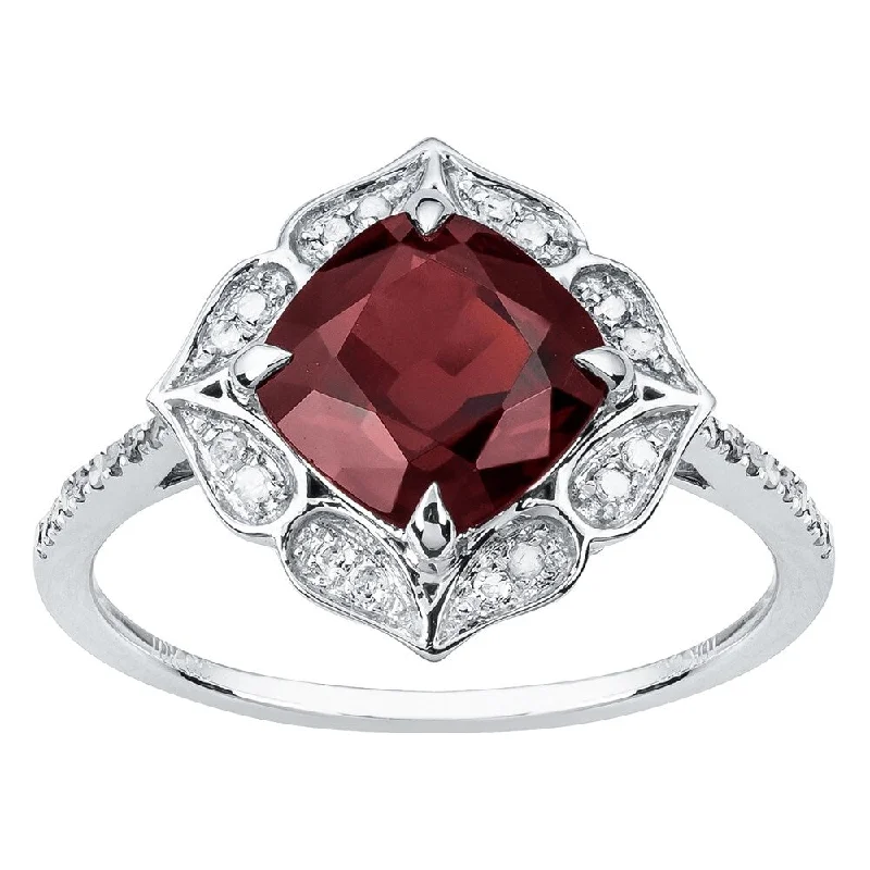 Women’s pearl ring-Viducci 10k White Gold Vintage Style Cushion Garnet and Diamond Ring