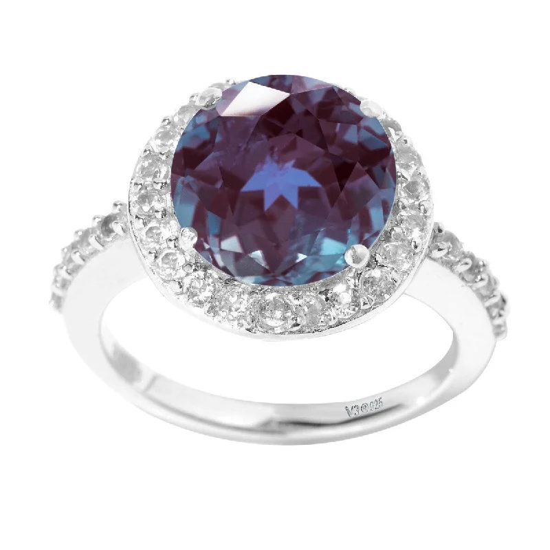 Women’s solitaire gold ring-Sterling Silver with Color Changing Alexandrite and White Topaz Halo Ring