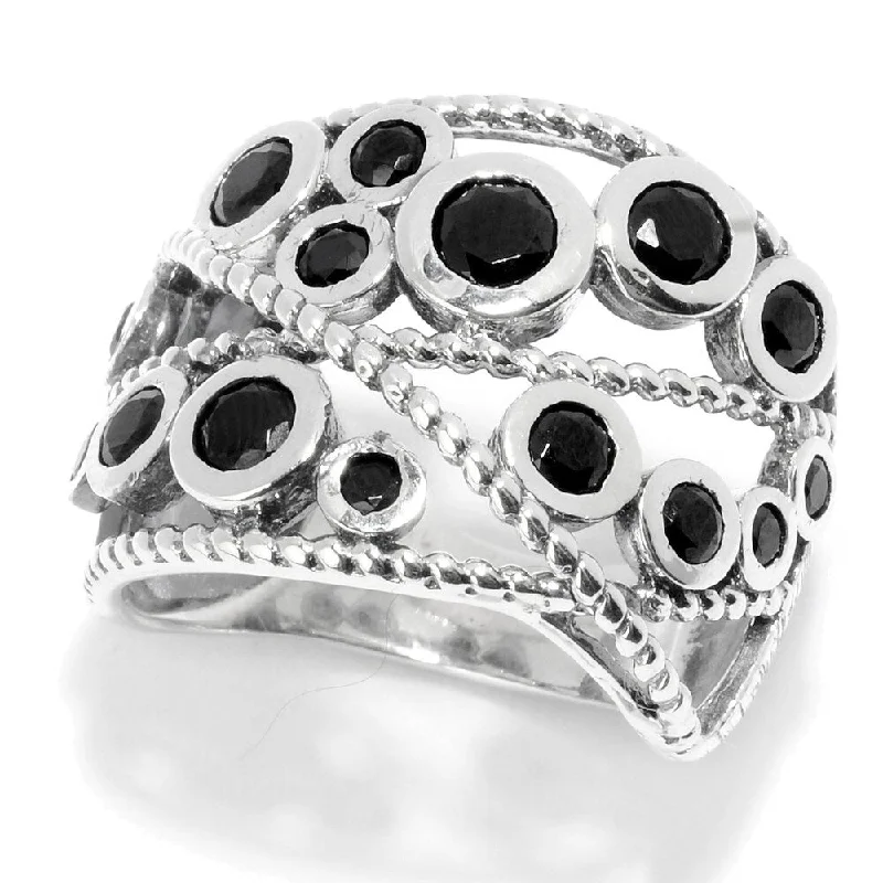 Women’s twist ring-Sterling Silver Round Black Spinel Beaded Wide Band Ring