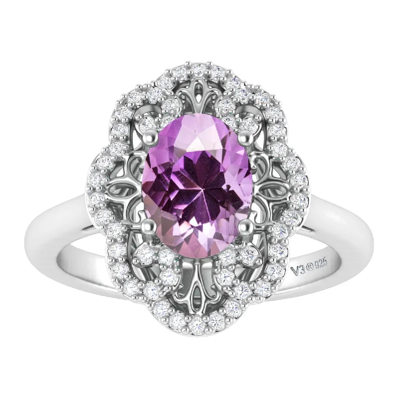 Women’s silver statement ring-Sterling Silver With Natural Amethyst and White Topaz Cluster Ring