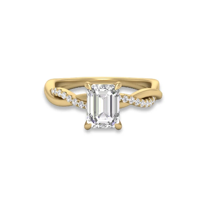 Women’s platinum ring-Marquee Agatha Twisted Pave Ring with IGI Certified 2 Carat Lab-Grown Emerald Cut Diamond in 14K Yellow Gold