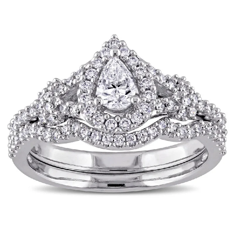 Women’s wide band ring-Miadora 7/8ct TDW Pear and Round-Cut Diamond Halo Split Shank Bridal Ring Set in 14k White Goldado