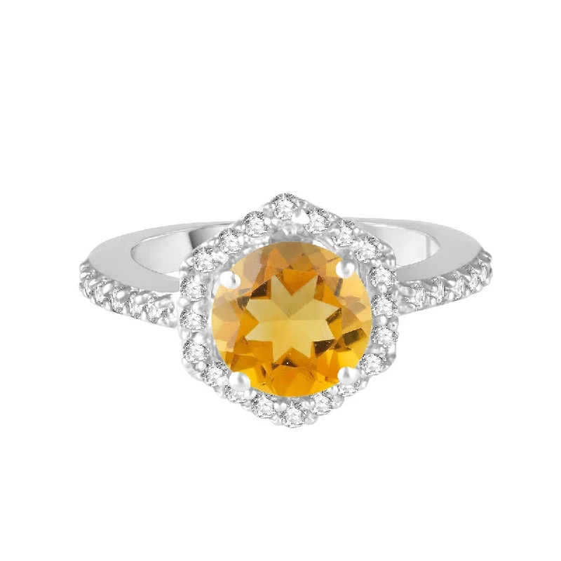 Women’s birthstone wedding ring-Sterling Silver with Natural Citrine and White Topaz Halo Ring