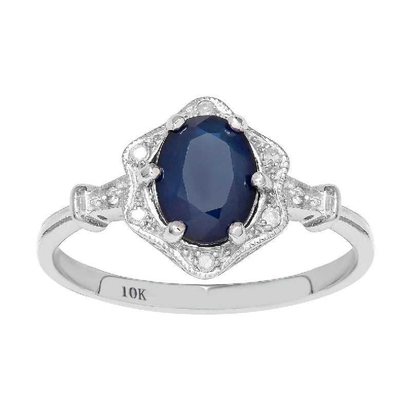 Women’s vintage platinum ring-Viducci 10k White Gold Vintage Style Genuine Oval Sapphire and Diamond Halo Ring