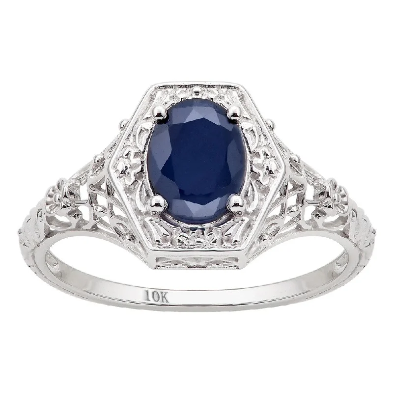 Women’s boho style ring-Viducci 10k White Gold Vintage Style Genuine Oval Sapphire Ring