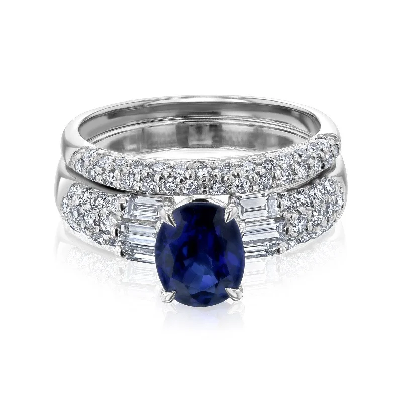 Women’s twisted band ring-Annello by Kobelli Valerie 14k White Gold Oval Sapphire & Baguette White Diamond Bridal Rings Set