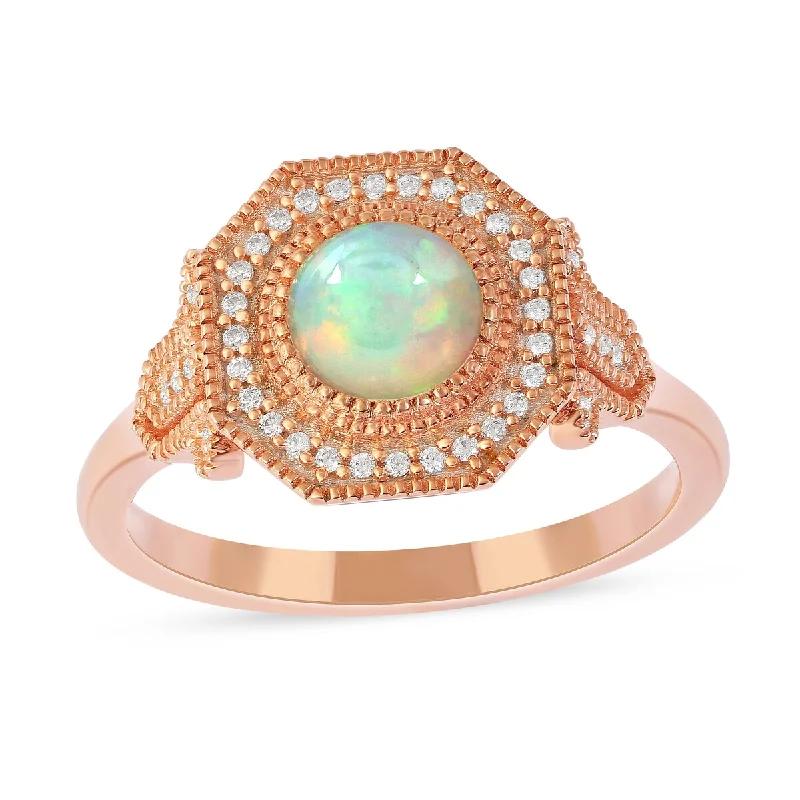 Women’s vintage ring-Opal Gemstone 1/8ct TDW Diamond Halo Ring in 10k Rose Gold