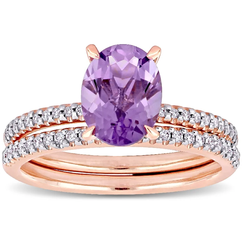 Women’s delicate ring-Miadora 14k Rose Gold Oval-cut Amethyst and 1/4ct TDW Diamond Solitaire Bridal Ring Set