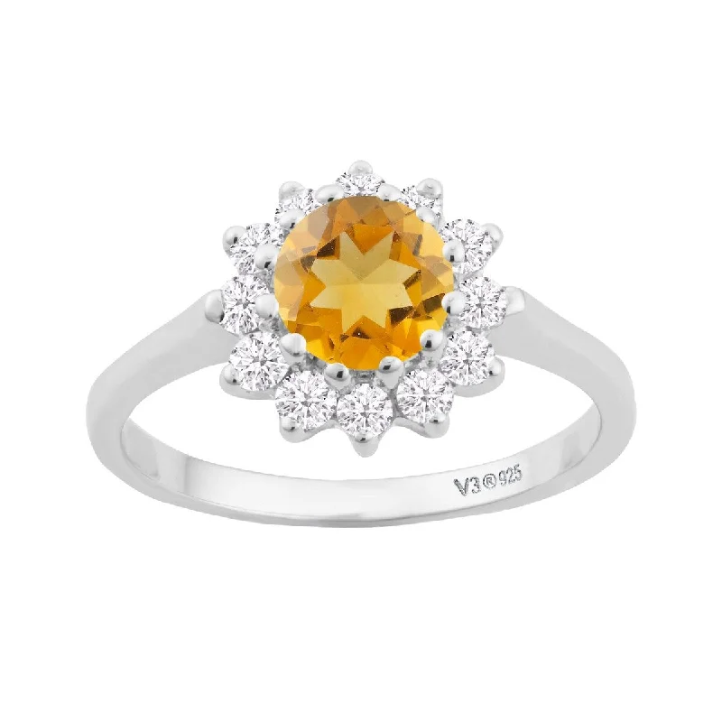 Women’s fashion ring-Sterling Silver with Natural Citrine and White Topaz Halo Ring