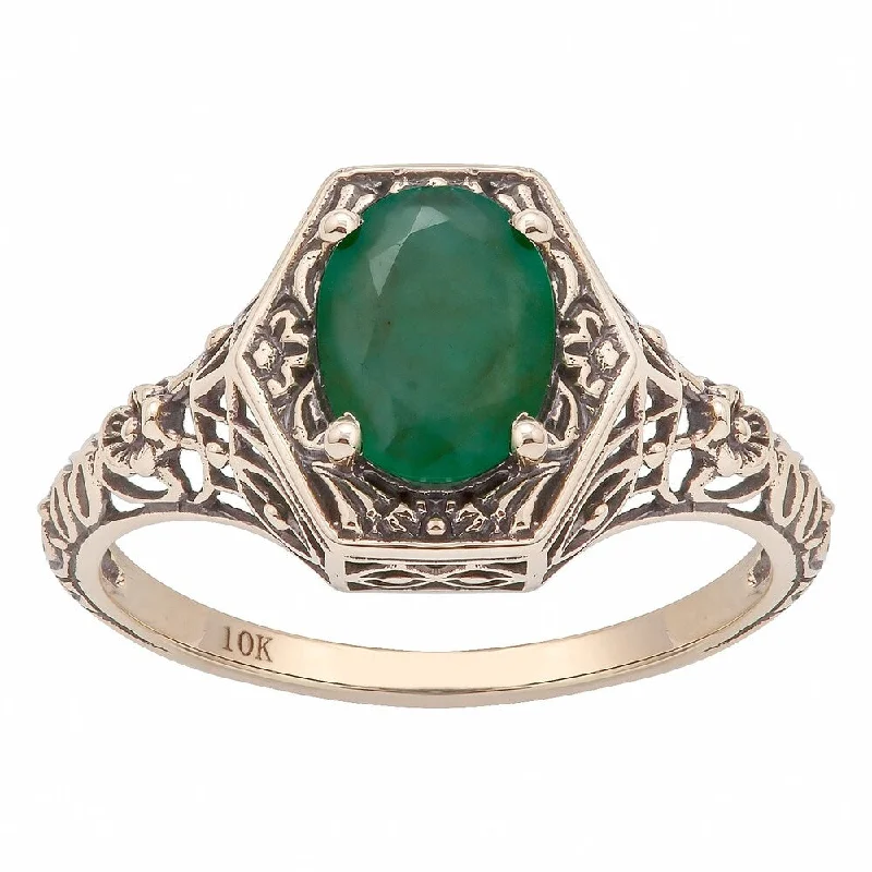 Women’s chunky ring-Viducci 10k Yellow Gold Vintage Style Genuine Oval Emerald Ring