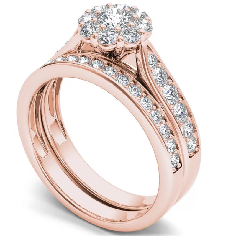 Women’s minimalist ring-De Couer 14k Rose Gold 1ct TDW Diamond Double Halo Bridal Ring Set