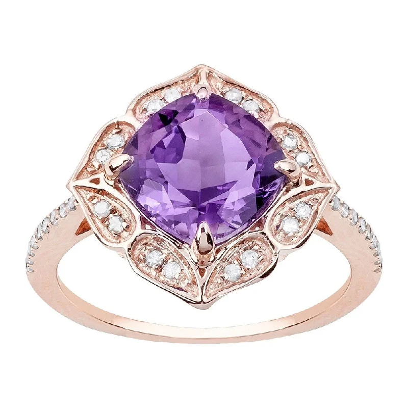 Women’s band ring-Viducci 10k Rose Gold Vintage Style Amethyst and Diamond Ring