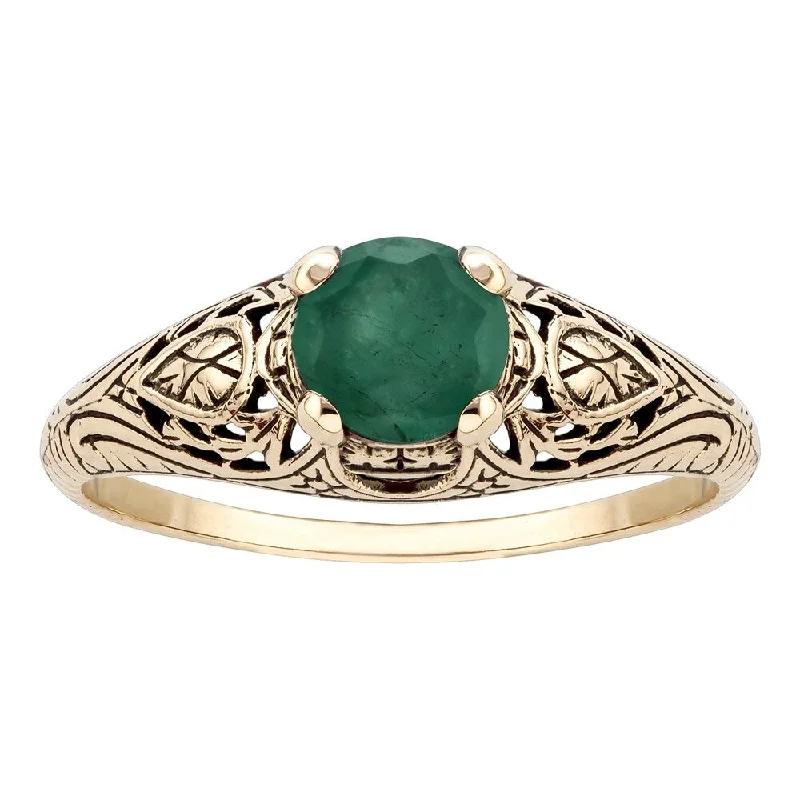 Women’s sterling silver ring-Viducci 10k Yellow Gold Vintage Style Genuine Emerald Scroll Ring