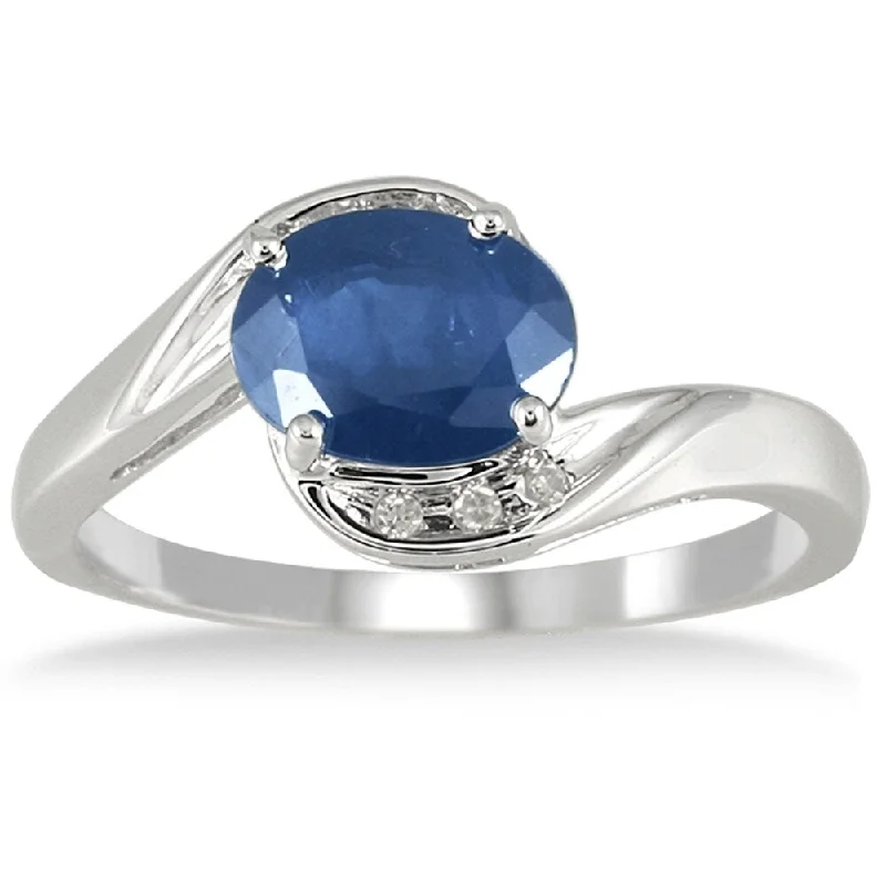 Women’s silver statement ring-1.70 Carat Oval Cabochon Sapphire and Diamond Ring in 10K White Gold