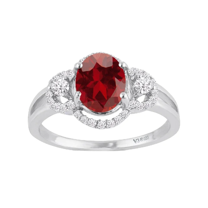 Women’s sapphire engagement ring-Sterling Silver with Natural Garnet and White Zircon Halo Ring