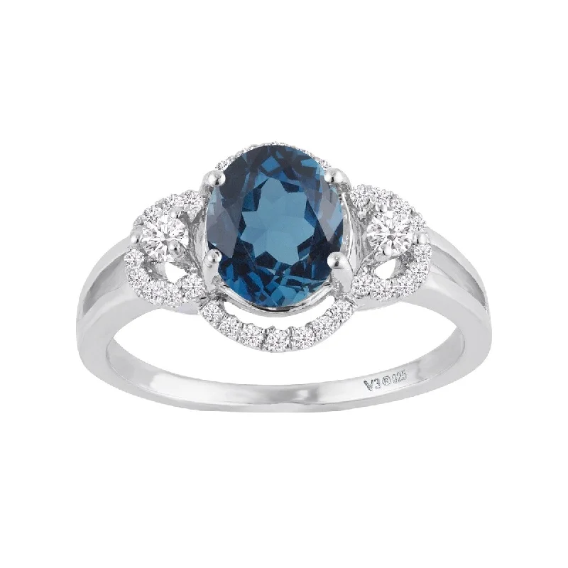 Women’s three-stone ring-Sterling Silver with Natural London Blue Topaz and White Zircon Ring