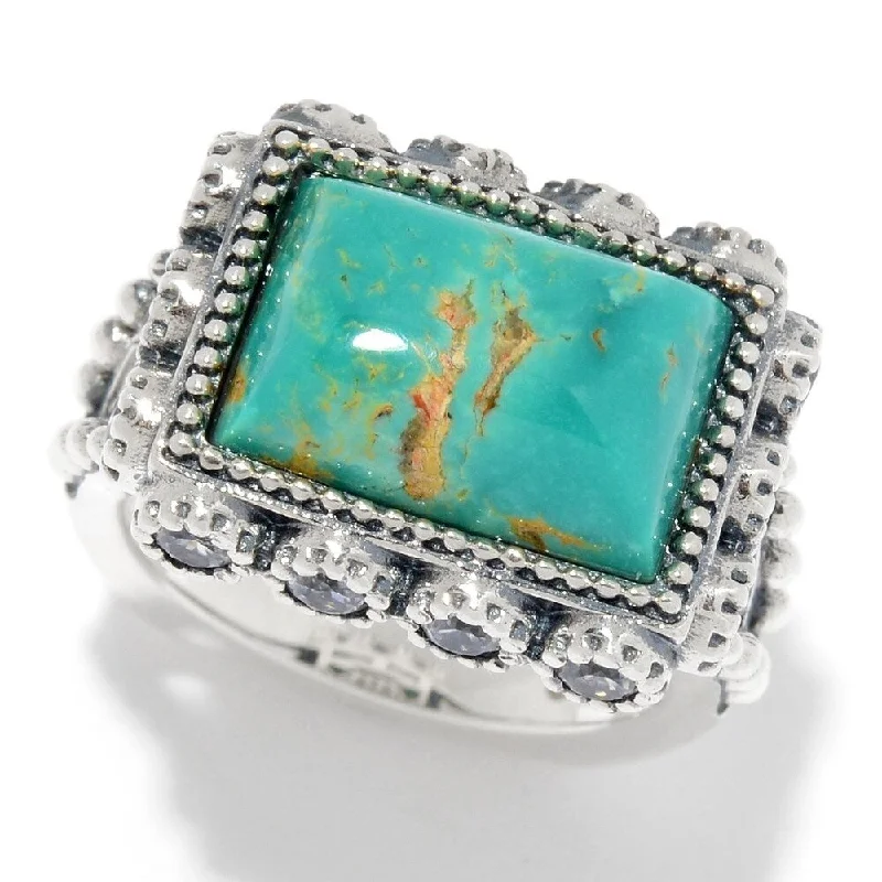 Women’s emerald ring-925 Sterling Silver White Natural Zircon and Tyrone Turquoise Ring