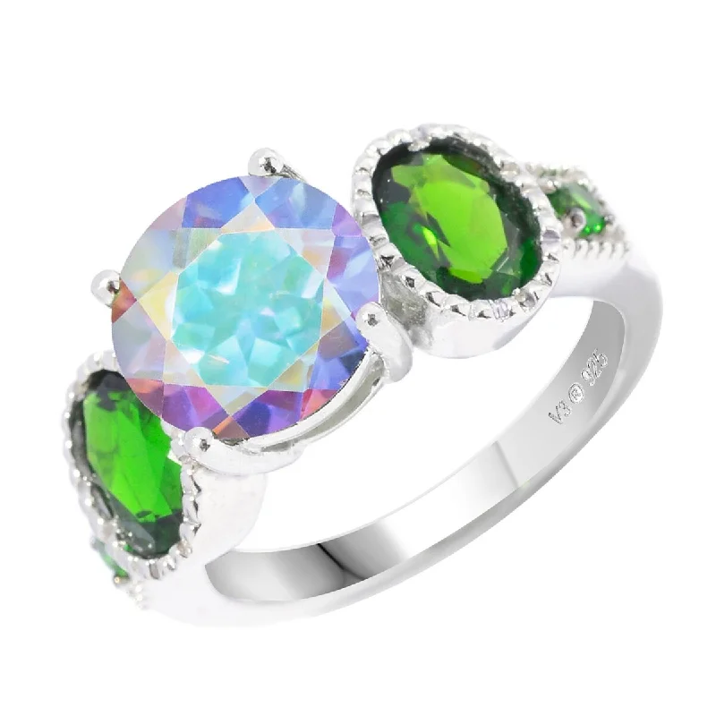 Women’s black diamond ring-Sterling Silver with Mercury Opal Topaz and Chrome Diopside Round Ring