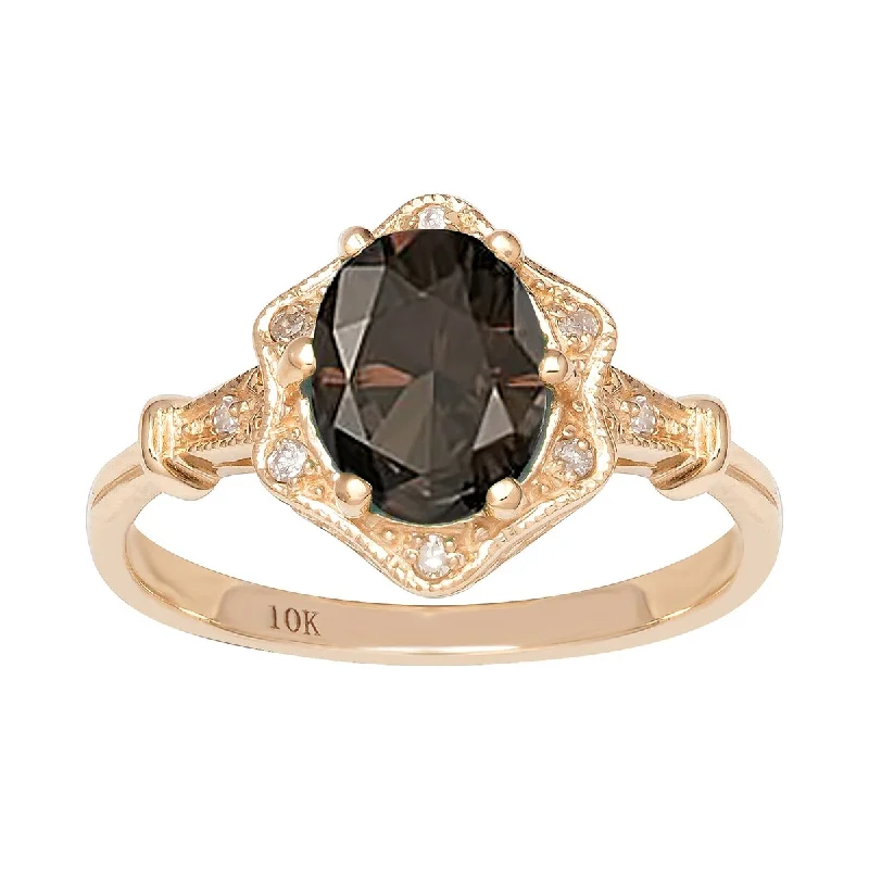 Women’s sparkling diamond ring-Viducci 10k Yellow Gold Vintage Style Genuine Oval Smoky Quartz and Diamond Halo Ring