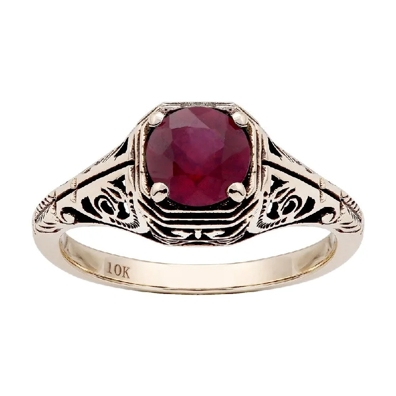 Women’s personalized ring-Viducci 10k Yellow Gold Vintage Style Genuine Round Ruby Filigree Ring