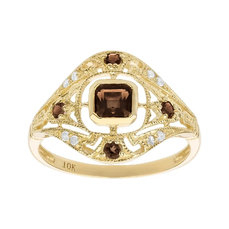 Women’s black diamond ring-Viducci 10k Yellow Gold Vintage Style Genuine Smoky Quartz and Diamond Ring