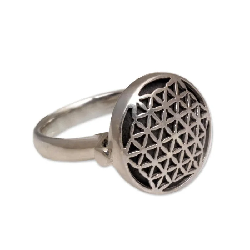 Women’s simple gold ring-Handmade Sterling Silver and Wood Cocktail Ring, 'Flower of Life' (Indonesia)