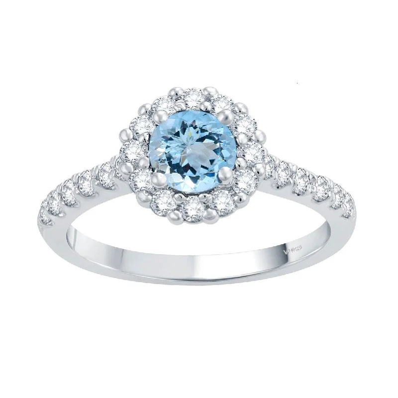 Women’s platinum ring-Sterling Silver with Natural Aquamarine and White Topaz Halo Ring