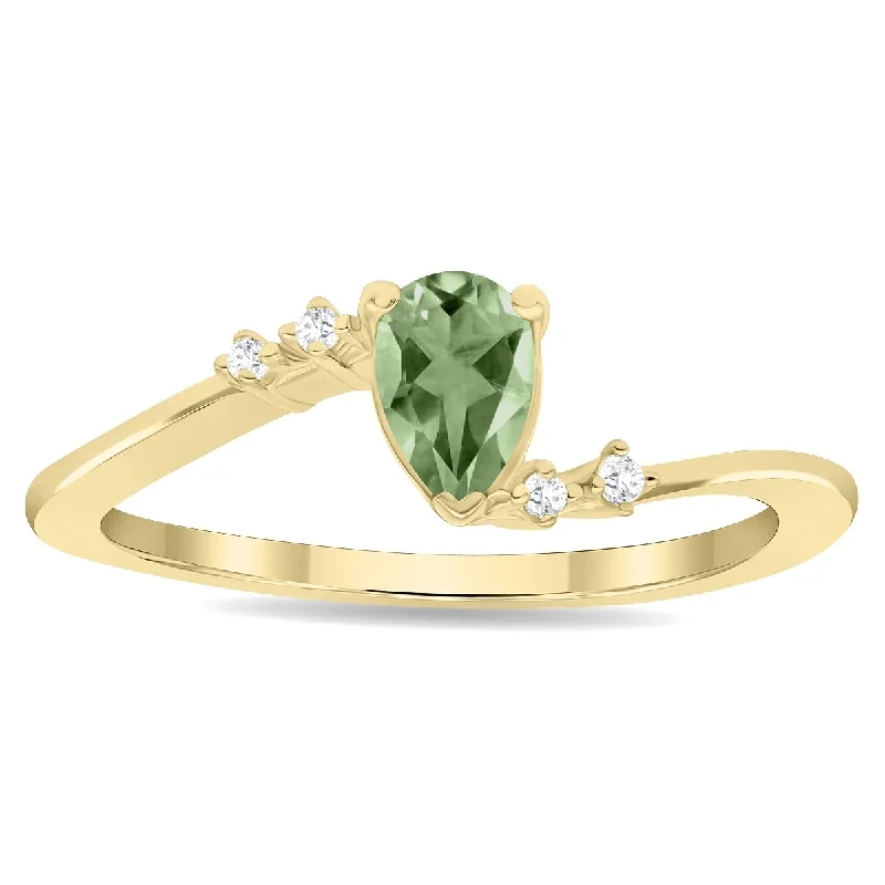 Women’s sterling silver ring-Women's Pear Shaped Green Amethyst and Diamond Wave Ring in 10K Yellow Gold