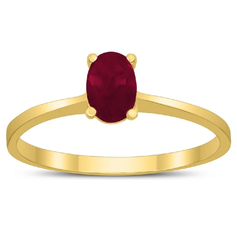 Women’s high-quality gold ring-Oval Solitaire 6X4MM Ruby Ring in 10K Yellow Gold