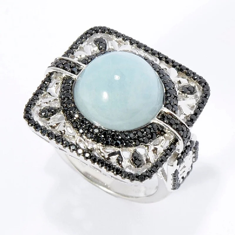 Women’s stackable wedding rings-925 Sterling Silver Black Spinel and Milky Aquamarine Ring