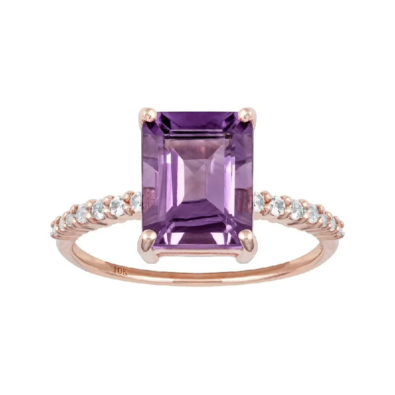 Women’s birthstone wedding ring-Viducci 10k Rose Gold Emerald-Cut Amethyst and White Topaz Ring