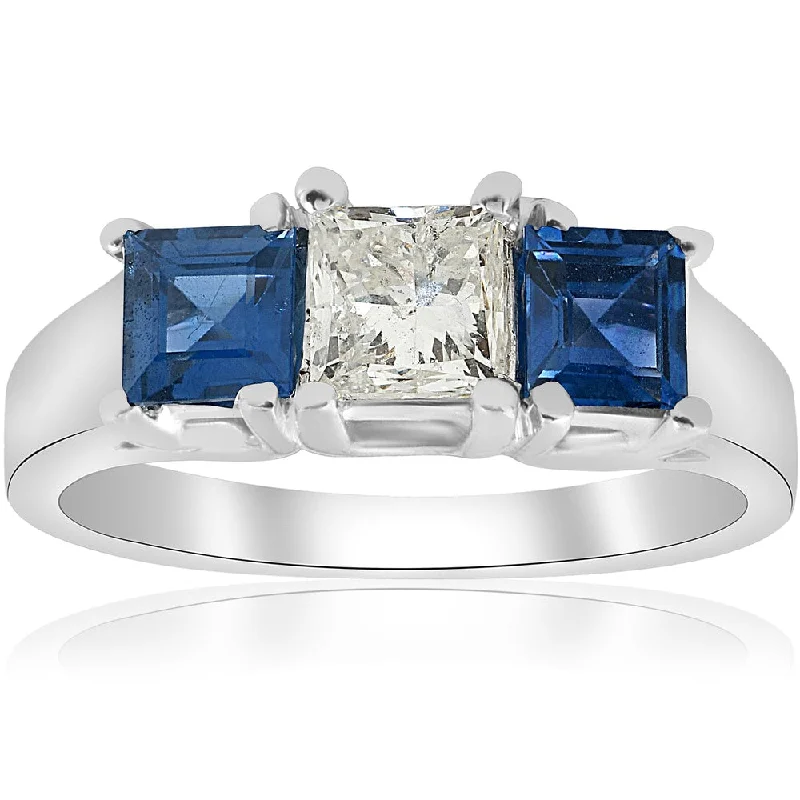 Women’s stackable silver rings-14K White Gold 1 1/2ct Princess Cut Diamond & Blue Sapphire 3 Stone Ring