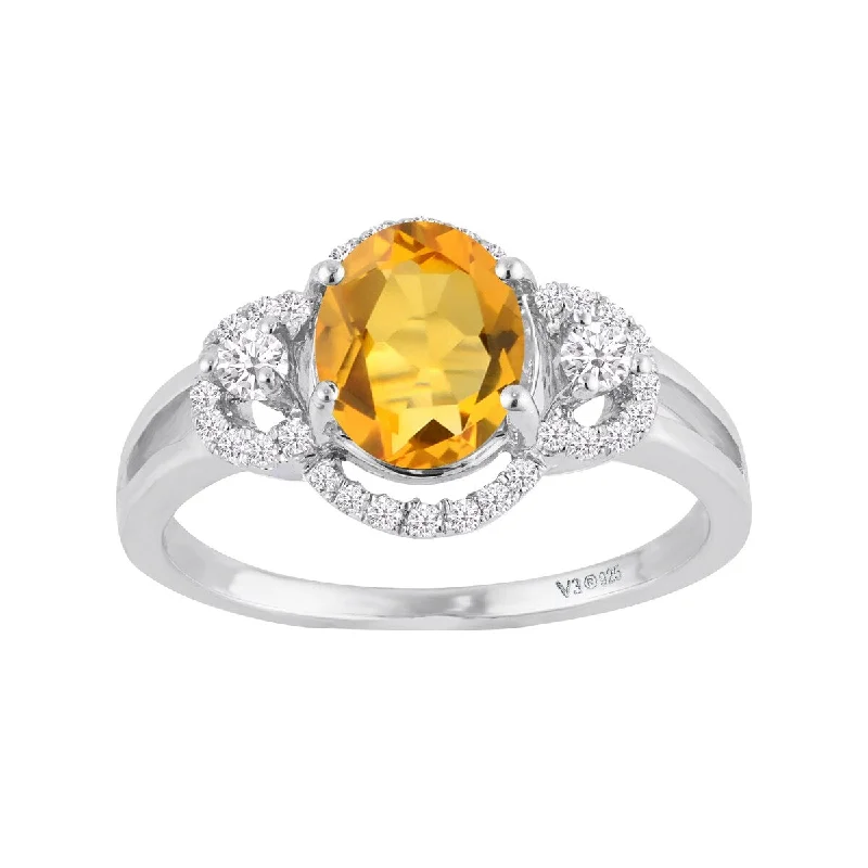 Women’s art deco ring-Sterling Silver with Natural Citrine and White Zircon Halo Ring