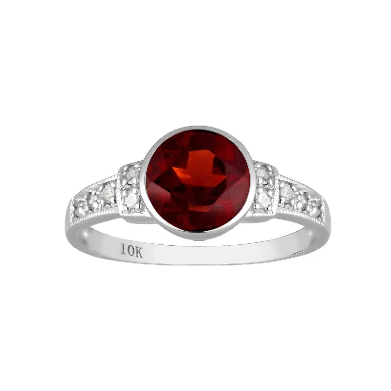 Women’s romantic promise ring-Viducci 10k White Gold Vintage Style Genuine Round Garnet and Diamond Ring