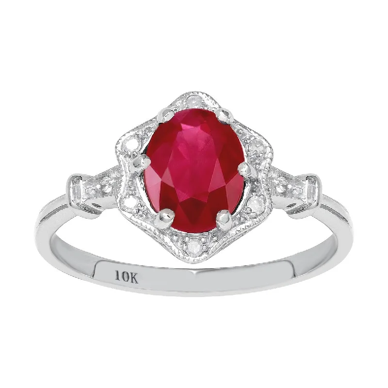 Women’s eternity ring-Viducci 10k White Gold Vintage Style Genuine Oval Ruby and Diamond Halo Ring