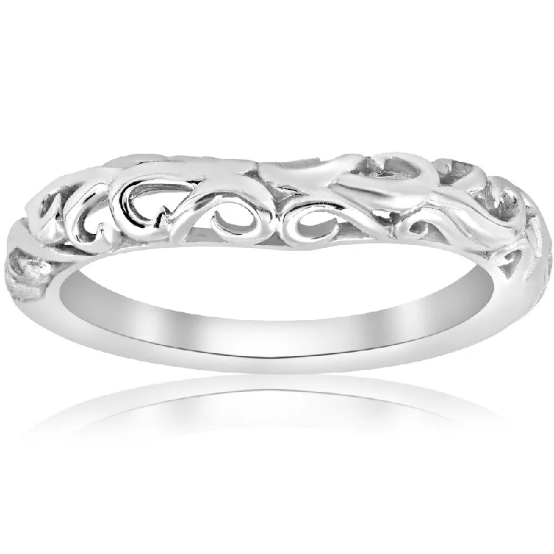 Women’s designer ring-14K White Gold Curved Vintage Womens Filigree Antique Filigree Ring Scroll Band