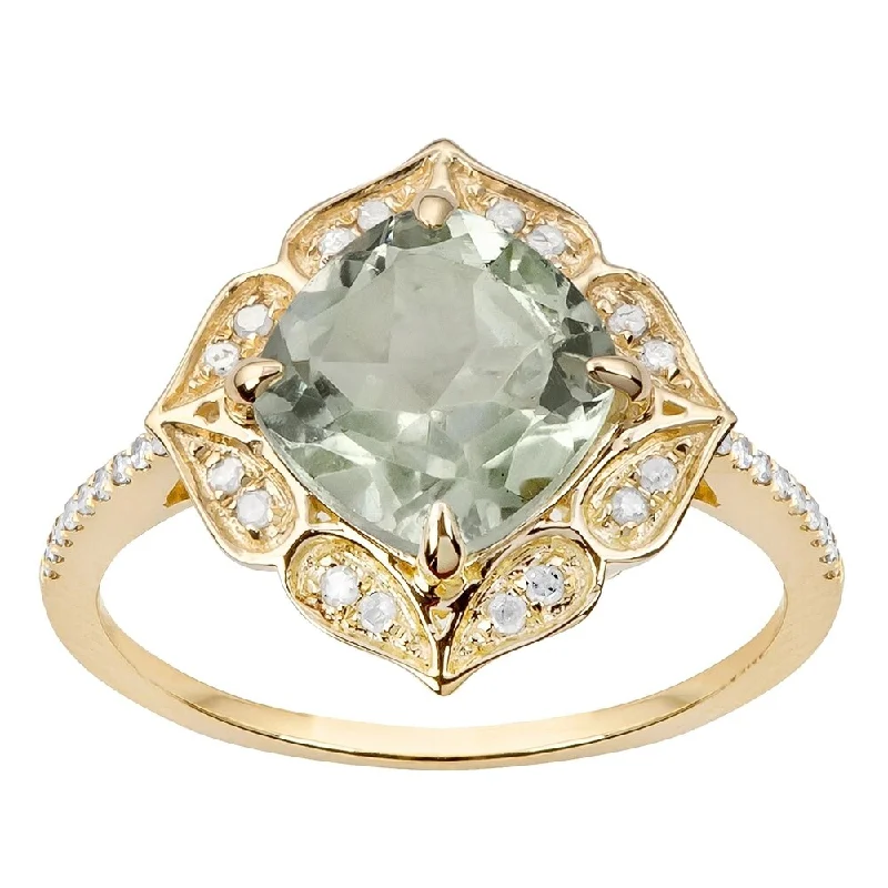 Women’s adjustable ring-Viducci 10k Yellow Gold Vintage Style Green Amethyst and Diamond Ring