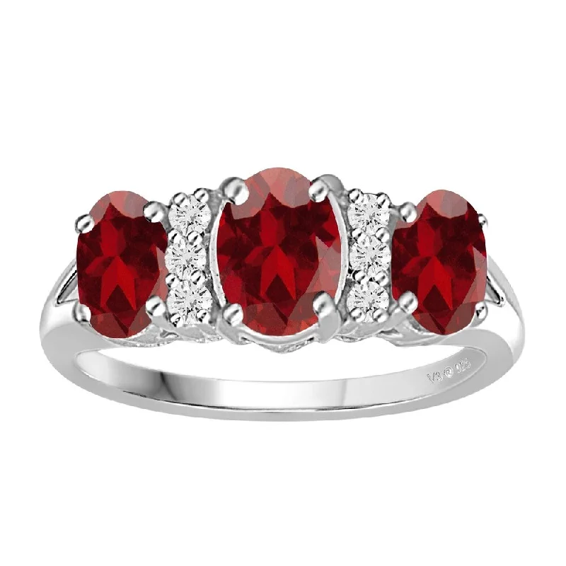 Women’s emerald-cut diamond ring-V3 Jewelry 925 Sterling Silver with Sterling Silver with Natural Garnet and White Topaz Three Stone Ring for Women